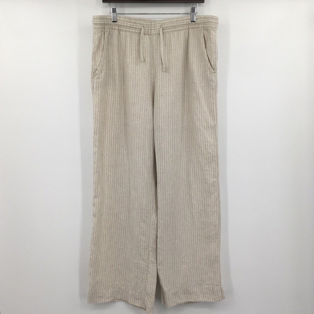 LL Bean Linen Wide Leg Pants Womens 16 Beige White Stripe Coastal Grandma Airy